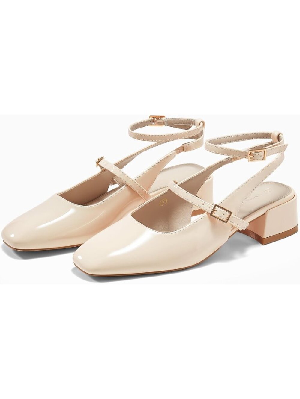 Women's Beige Mary Jane Chunky Low Heel Closed Square Toe Ankle Strap Pump Shoes - Picture 5 of 6